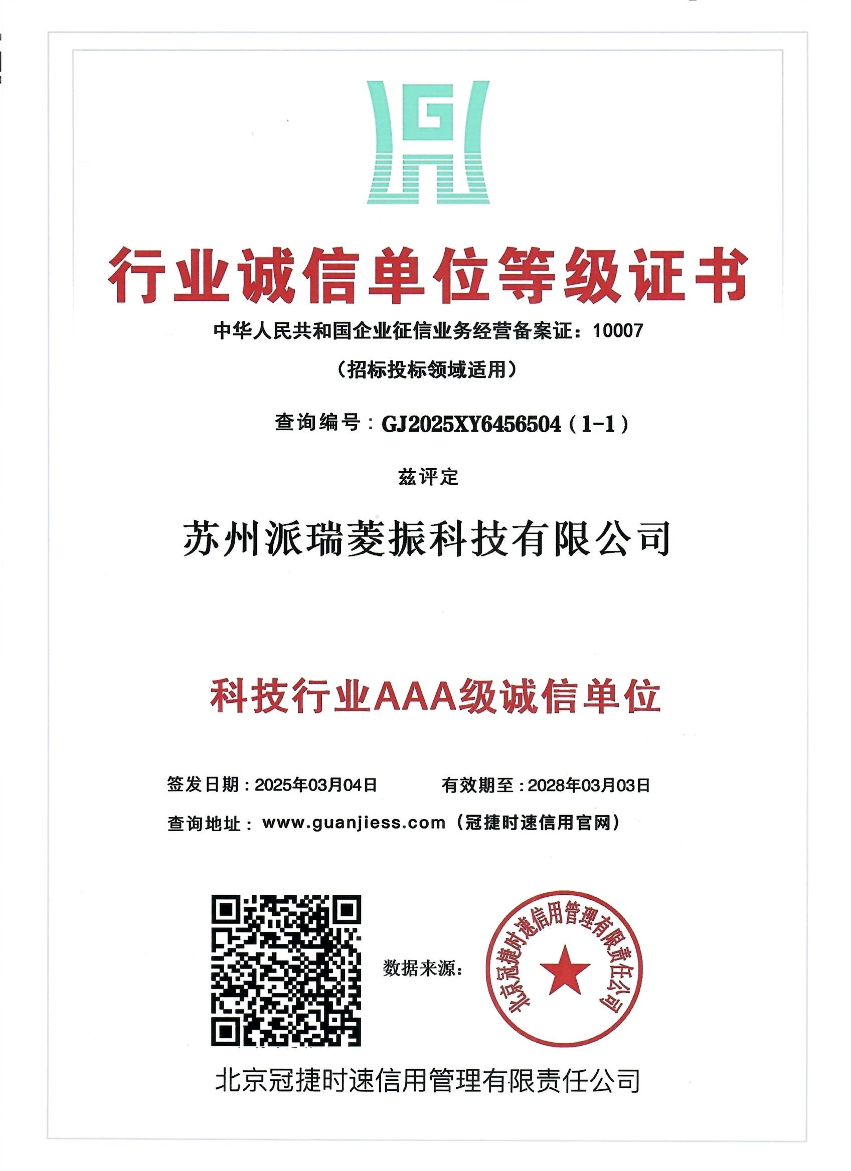 行业诚信单位等级证书